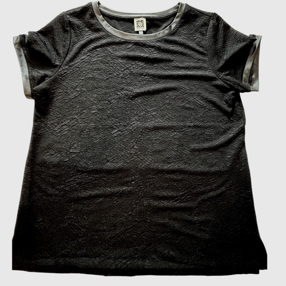 Anne Klein Black Textured Knit Top Faux Leather Trim Short Sleeve Blouse Large